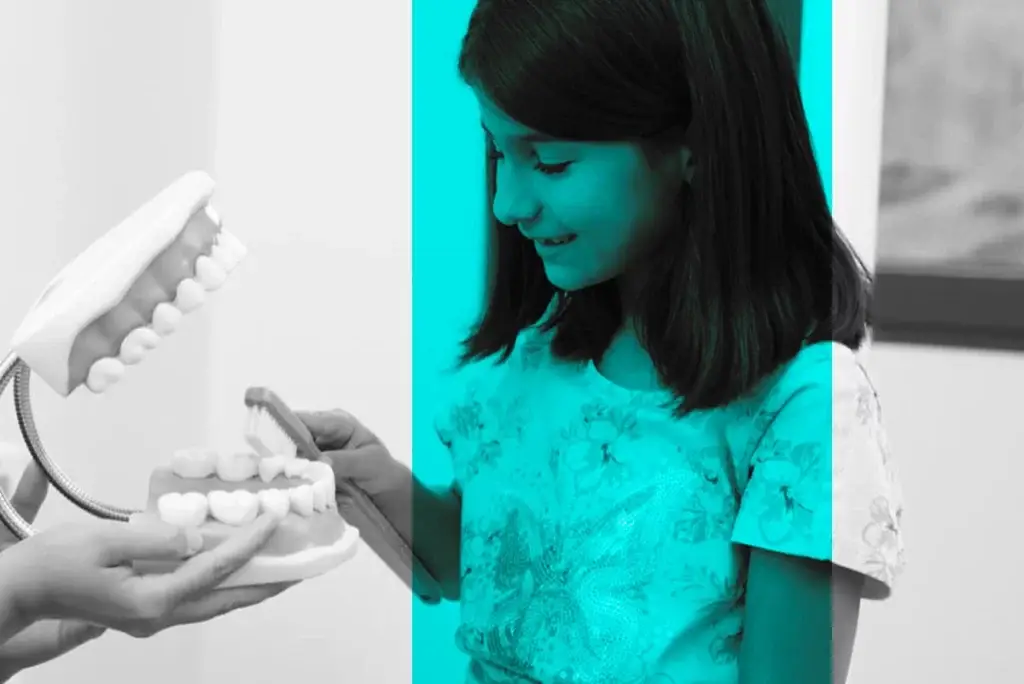 Kind putzt Zahnmodell vor der Versiegelung in Zahnarztpraxis Simmern